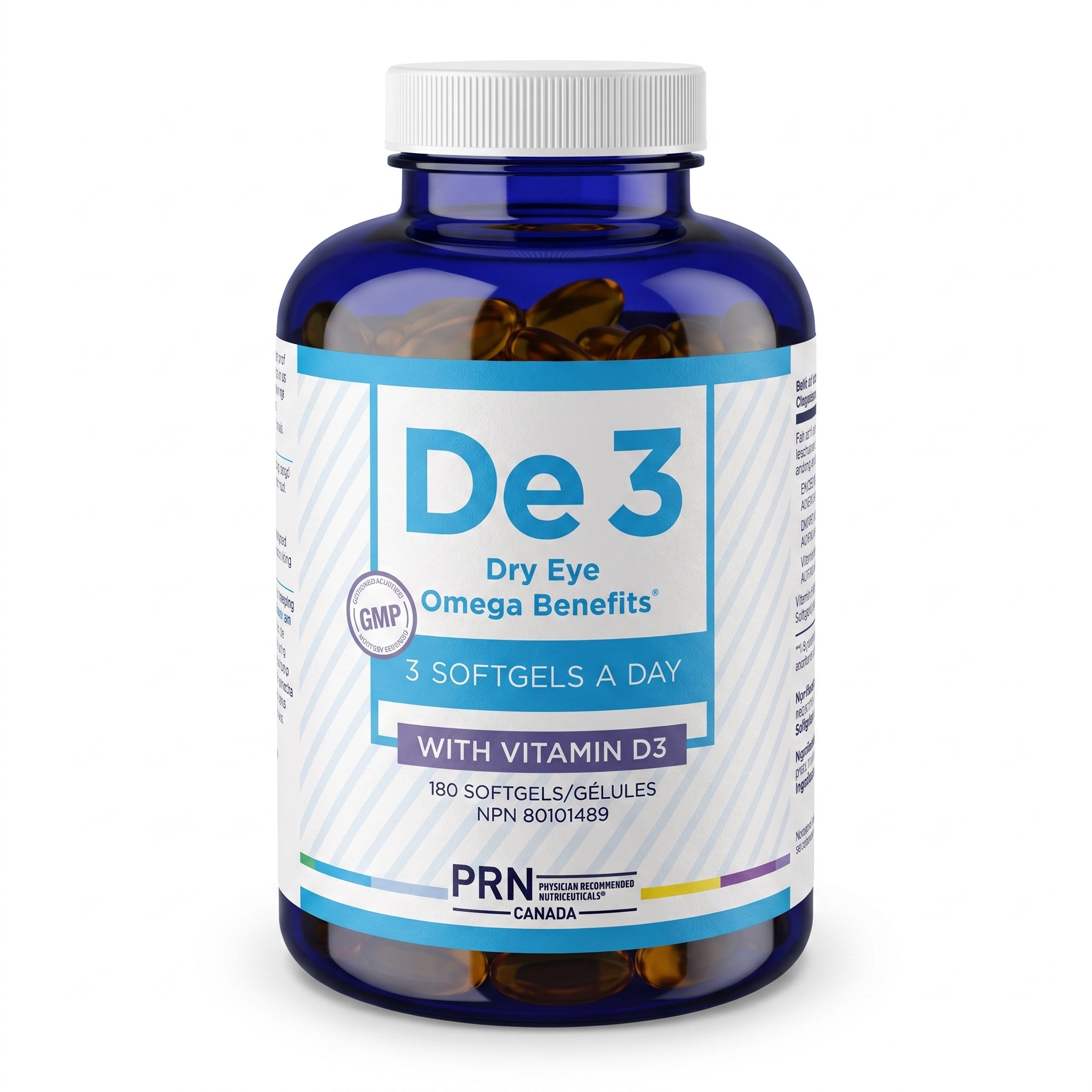 Bouteille bleue de suppléments PRN De3 Dry Eye Omega Benefits avec vitamine D3, format de 180 gélules.